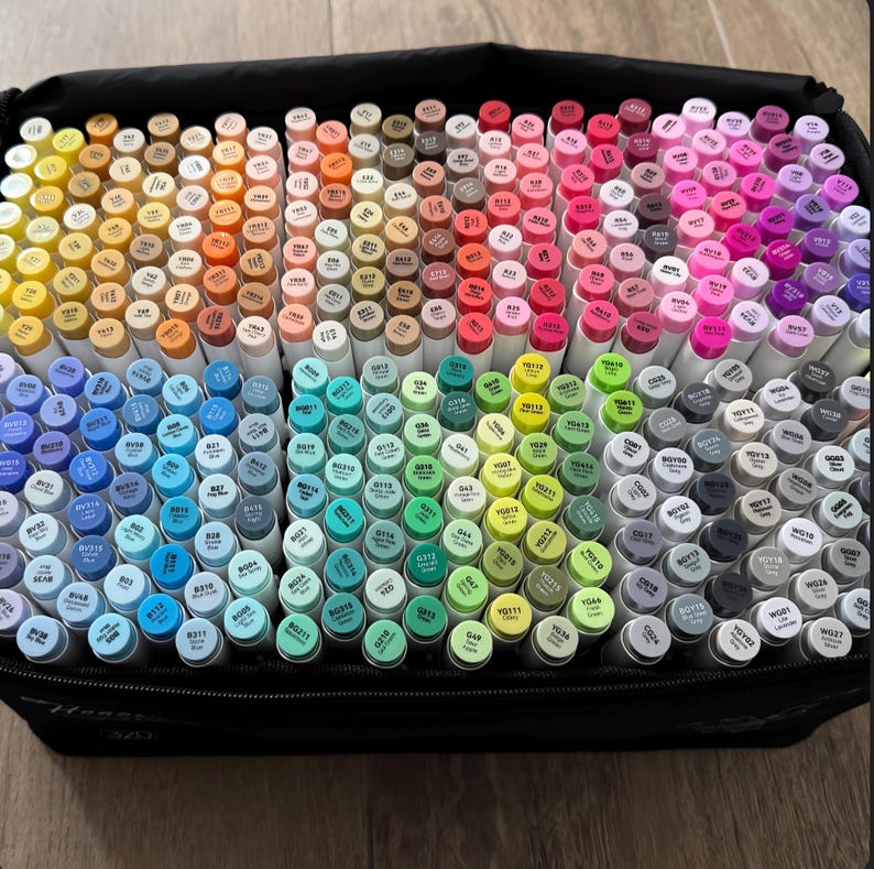 May include: A large black carrying case filled with a vast collection of dual-tip art markers arranged by color family. The markers feature white barrels with color-coded caps and printed labels indicating specific color names and codes.