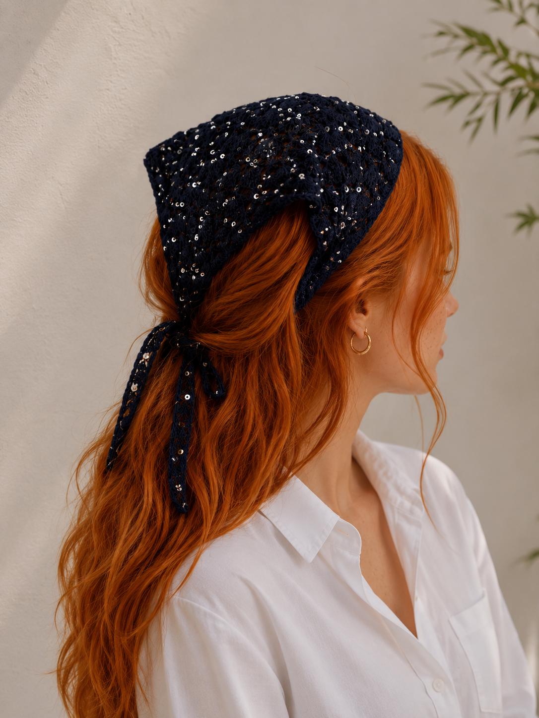 Elegant Sparkle Crochet Headscarf - Black, Taupe, Brown, Gray Rocking this Crochet sequin bandana/Head scarf beautifully  main image 2