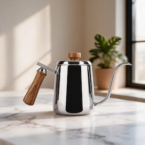 May include: A stainless steel gooseneck kettle with a wooden handle and lid knob. The kettle has a long, curved spout for precise pouring. The design is modern and minimalist, suitable for pour-over coffee brewing.
