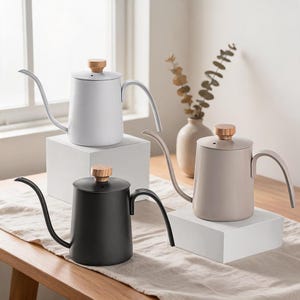 Bollitore da caffè moderno a collo d'oca, in acciaio inox, per tè e caffè, con sistema di filtraggio manuale, idea regalo minimalista per baristi, disponibile in 3 colori.