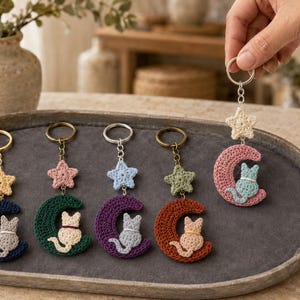Puede incluir: Cinco llaveros de ganchillo con forma de media luna y un pequeño gato sentado sobre ella, rematados con una estrella. Los llaveros vienen en varias combinaciones de colores como azul marino, verde oscuro, morado, óxido y rosa, con anilla.