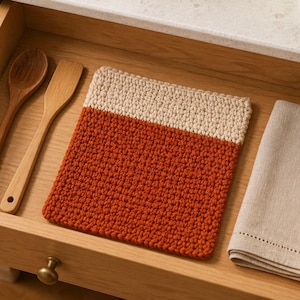 Op de afbeelding: Een vierkante gehaakte pannenlap met een tweekleurig ontwerp, bestaande uit een crèmekleurig bovendeel en een groter, roestoranje onderste deel, geplaatst in een houten lade naast twee houten keukengerei en een gevouwen beige linnen servet.