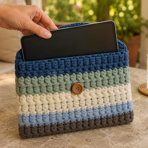 May include: A rectangular crochet sleeve for a tablet featuring horizontal stripes in dark blue, sage green, cream, light blue, and charcoal grey. The sleeve has a single centred wooden button closure and a thick, textured stitch pattern throughout.