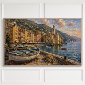 May include: An oil painting depicting a coastal Italian village with colorful buildings, a stone bell tower, and a harbor filled with small wooden boats. A weathered boat rests on a stone pier in the foreground under a warm, golden sunset sky.