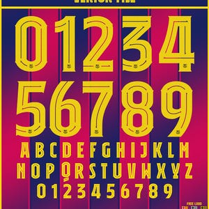 Könnte beinhalten: Eine digitale Vektordatei mit der Schriftart des FC Barcelona für die Saison 2025-2026. Das Design umfasst gelbe Zahlen, Buchstaben und Symbole auf einem Hintergrund aus Blau und Pink. Die Dateiformate umfassen OTF, TTF, SVG, PNG, AI, PDF und EPS.