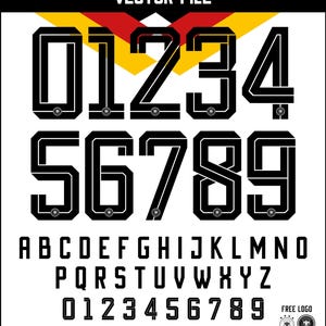 Puede incluir: Un archivo vectorial digital con un conjunto de fuentes en blanco y negro para la Copa del Mundo de Alemania 2026. Incluye los números 0-9, el alfabeto e información sobre el tipo de archivo. El diseño incorpora los colores de la bandera alemana.