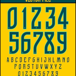 Peut inclure: Conception graphique numérique avec une police sur le thème du Brésil pour la Coupe du Monde 2026. La conception comprend les chiffres 0 à 9, l'alphabet et les options de type de fichier. La police est turquoise sur fond jaune.