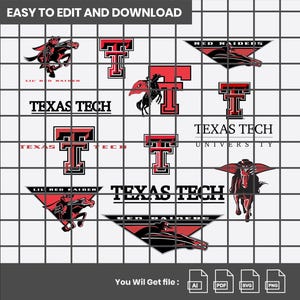 May include: A digital graphic featuring multiple Texas Tech University logos and emblems in red and black. The design includes the words "Texas Tech", "Red Raiders", and "Lil Red Raider". The phrase "Easy to Edit and Download" is at the top.