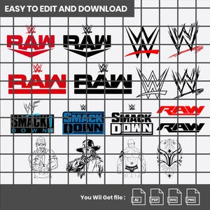 以下が含まれることがあります： プロレスに関連するさまざまなロゴとイラストが配置されたグリッドレイアウト。「RAW」と「SmackDown」のロゴは赤、黒、青で表示。レスラーのイラストとファイルタイプのアイコンも含まれています。