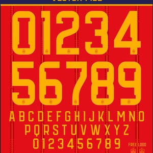 Könnte beinhalten: Ein rotes und gelbes Schriftartenset für die Weltmeisterschaft 2026 mit den Ziffern 0-9 und dem Alphabet. Das Design enthält den Text "ESPANA FONT WORLD CUP 2026 VECTOR FILE" und Dateitypoptionen.
