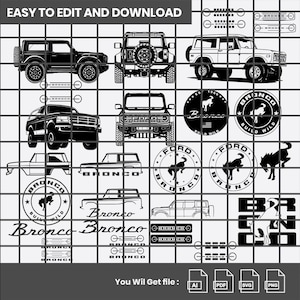 Puede incluir: Ilustraciones digitales en blanco y negro de vehículos Ford Bronco desde diferentes perspectivas. La imagen incluye logotipos de Bronco y el texto "EASY TO EDIT AND DOWNLOAD". Formatos de archivo disponibles: AI, PDF, SVG y PNG.