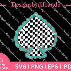 Könnte beinhalten: Ein schwarz-weiß kariertes Pik-Design mit türkisfarbenem Rand und grauem Umriss, vor schwarzem Hintergrund. Das Bild enthält den Text "SVG | PNG | EPS | PDF" und "INSTANT DOWNLOAD".