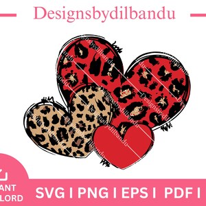 May include: A digital graphic featuring three overlapping heart shapes. Two hearts display a leopard print pattern, one in red and black and the other in tan and black. The third heart is solid red. The text Designsbydilbandu is overlaid repeatedly.