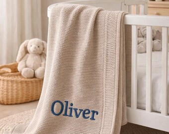 Personalized Knit Baby Blanket, Custom Baby Blanket, Embroidered Baby Name Blanket, Welcome Baby Blanket Keepsake, Unique Baby Shower Gift