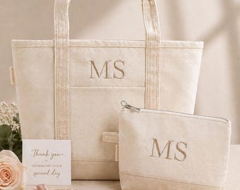Personalized Embroidered Canvas Tote and Make Up Bag Set, Bridesmaid Bachelorette Wedding Gift