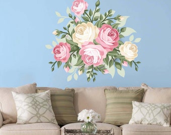 Floral Wall Decal, Rose Wall Decal, Home Decor, Rose Decor, Vinyl Wall Decal, Mint Green, Coral Rose, Vector Art, Dining Area Wall Art, Art