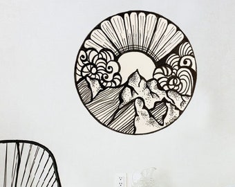 Doodle Wall Decal, Line Art Decal, Artwork by Abby Smith, Art Print, Vinyl Wall Decal, Mountain Drawing Decal, Pen & Ink Decal, Home Decor