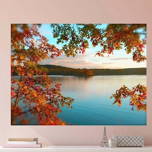 Autumn Lake Wall Decal, Landscape Wall Mural, Vinyl Wall Mural, Autumn Lake Photo, Removable Decal, Burnt Orange Leaves, Autumn Home Decor,