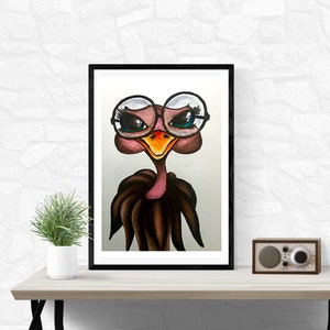 Ostrich Watercolor Print, Ostrich Illustration, Ostrich with Glasses, Funny Animal Art, Kid&#39;s Bedroom Decor, Watercolor, Hand Painted Art