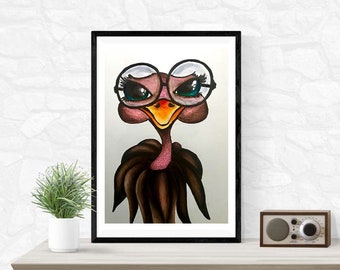 Ostrich Watercolor Print, Ostrich Illustration, Ostrich with Glasses, Funny Animal Art, Kid's Bedroom Decor, Watercolor, Hand Painted Art