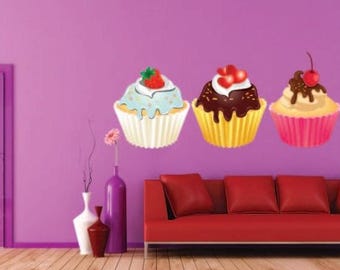 Cupcake Wall Decal, Cupcakes, Girl's Bedroom Decor, Cafe Decor, Vinyl Wall Decal, Set of 3 Decals, Infinite Graphics, Cute Cupcake Stickers