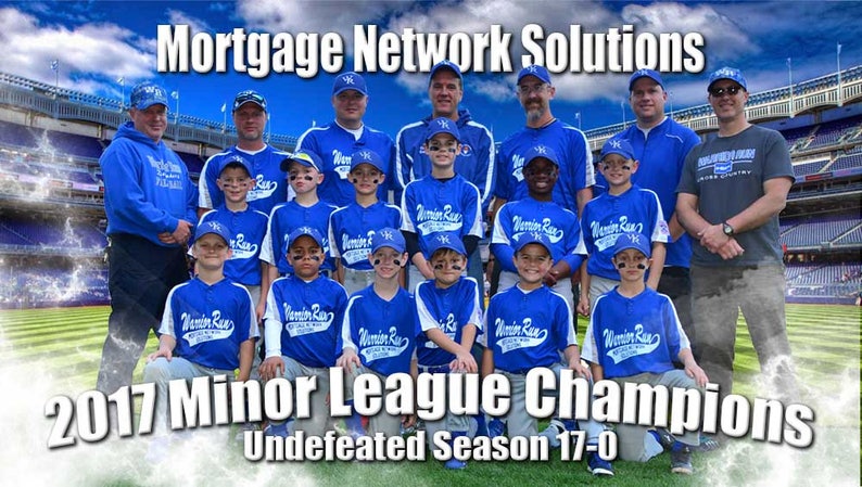 May include: A group of young baseball players in blue uniforms pose with their coaches in front of a baseball stadium. The team is called "Wamin Rue" and they are the 2017 Minor League Champions, with an undefeated season of 17-0. The team is sponsored by Mortgage Network Solutions.