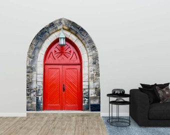Red Door Decal, Vintage Red Door, Vinyl Wall Decal, Renaissance Decor, Stone Entrance Door, Wall Sticker, Home Decor, Castle Door Decal, Art