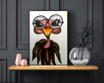 Ostrich Watercolor Print, Ostrich Illustration, Ostrich with Glasses, Funny Animal Art, Kid's Bedroom Decor, Watercolor, Hand Painted Art