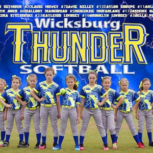 May include: A softball team, the Wicksburg Thunder, poses for a team photo. The girls are wearing matching grey and yellow uniforms with the team name and logo. The photo is set against a blue background with lightning bolts.