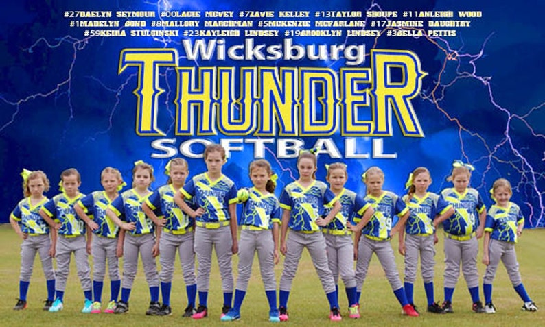 May include: A softball team, the Wicksburg Thunder, poses for a team photo. The girls are wearing matching grey and yellow uniforms with the team name and logo. The photo is set against a blue background with lightning bolts.