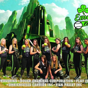 May include: A team of young women wearing black and green softball uniforms with the text "Ohio Emeralds FASTPITCH" on the front. The team is posed in front of a green and white backdrop that resembles the Emerald City from the Wizard of Oz.