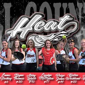 May include: A team photo of a girls' softball team called "Heat". The girls are wearing red and black uniforms with the team name on the front. They are holding bats and gloves and are standing in front of a black and white background with smoke effects.