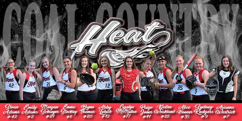 May include: A team photo of a girls' softball team called "Heat". The girls are wearing red and black uniforms with the team name on the front. They are holding bats and gloves and are standing in front of a black and white background with smoke effects.