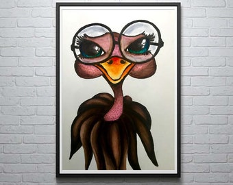 Ostrich Watercolor Print, Ostrich Illustration, Ostrich with Glasses, Funny Animal Art, Kid's Bedroom Decor, Watercolor, Hand Painted Art