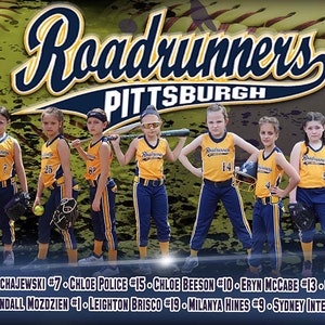 May include: A group of young girls wearing yellow and blue softball uniforms pose for a team photo. The team name "Roadrunners Pittsburgh" is displayed in a large, stylized font above the girls. The team mascot, a cartoon duck, is in the bottom right corner of the image.