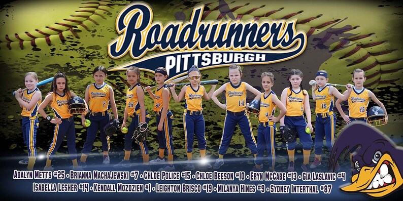 May include: A group of young girls wearing yellow and blue softball uniforms pose for a team photo. The team name "Roadrunners Pittsburgh" is displayed in a large, stylized font above the girls. The team mascot, a cartoon duck, is in the bottom right corner of the image.