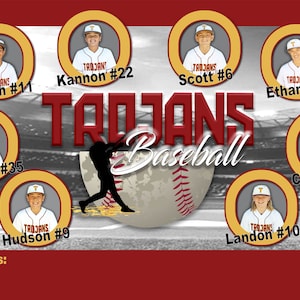 May include: A red and gold banner with the text "TROJANS Baseball" and a baseball graphic. The banner features photos of 11 young baseball players in uniform with their names and numbers.