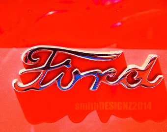 Classic Ford Photography, Red Ford Photo, Vintage Ford Emblem, Man Cave Decor, Ford Wall Art, Vinyl Wall Decal, Photography by Abby Smith
