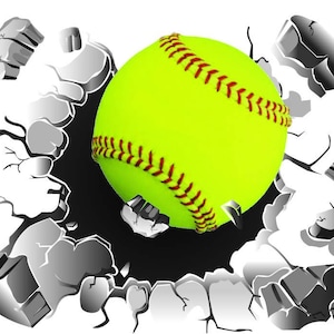 May include: A yellow softball with red stitching breaking through a cracked gray wall.