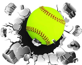 Softball Wall Decal, Busting Wall Decal, Sports Ball Decal, Girl's Softball, Vinyl Wall Graphics, Softball Graphics, Sports Decor, Wall Art