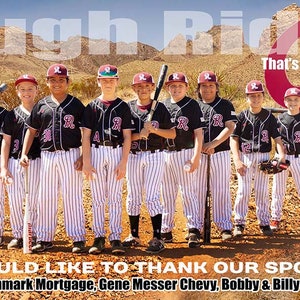 May include: A group of young baseball players wearing red and white striped uniforms and red baseball caps pose for a team photo. The team name "Rough Riders" is written in large letters at the top of the image. The text "That's How Rough Riders Roll" is written below the team name. The team is standing in front of a large red "R" with a white outline. The text "WE WOULD LIKE TO THANK OUR SPONSORS:" is written below the team. The names of the sponsors are listed below the text.