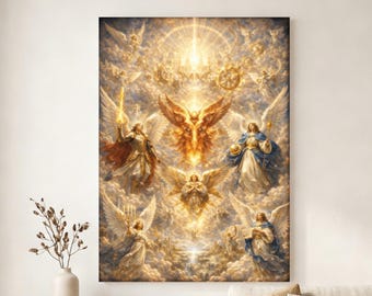 Heavenly Angelic Host with Seraphim Canvas, Divine Light Christian Wall Art, Majestic Heavenly Home Decor, Celestial Angelic Statement Piece
