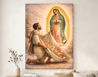 Our Lady of Guadalupe with Saint Juan Diego Canvas, Traditional Mexican Catholic Art, Marian Home Decor, Sacred Guadalupe Statement Piece