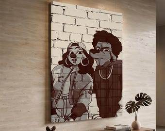 Retro Cartoon Hip‑Hop Couple Canvas Print, Urban Brick Wall Streetwear Wall Art, Y2K Street Culture Decor,Cool Gangster Toon Statement Piece
