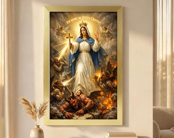 Our Lady of Victory Defeating Demons Canvas Print, Traditional Catholic Spiritual Warfare Wall Art, Majestic Marian Home Decor