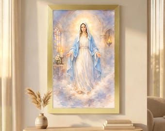 Our Lady of Grace Watercolor Canvas Print, Virgin Mary Religious Wall Art, Soft Pastel Catholic Home Decor, Serene Sacred Statement Piece