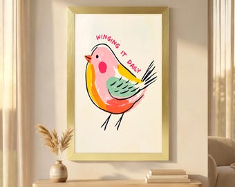 Winging It Daily Cute Colorful Bird Canvas, Whimsical Hand‑Drawn Bird Wall Art, Fun Positive Quote Boho Decor, Playful Dorm Statement Piece