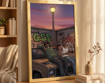 Street Gangster Guys on Vintage Truck Canvas, GTA Style Graffiti Sunset Wall Art, Hip-Hop City Street Illustration, Streetwear Home Decor