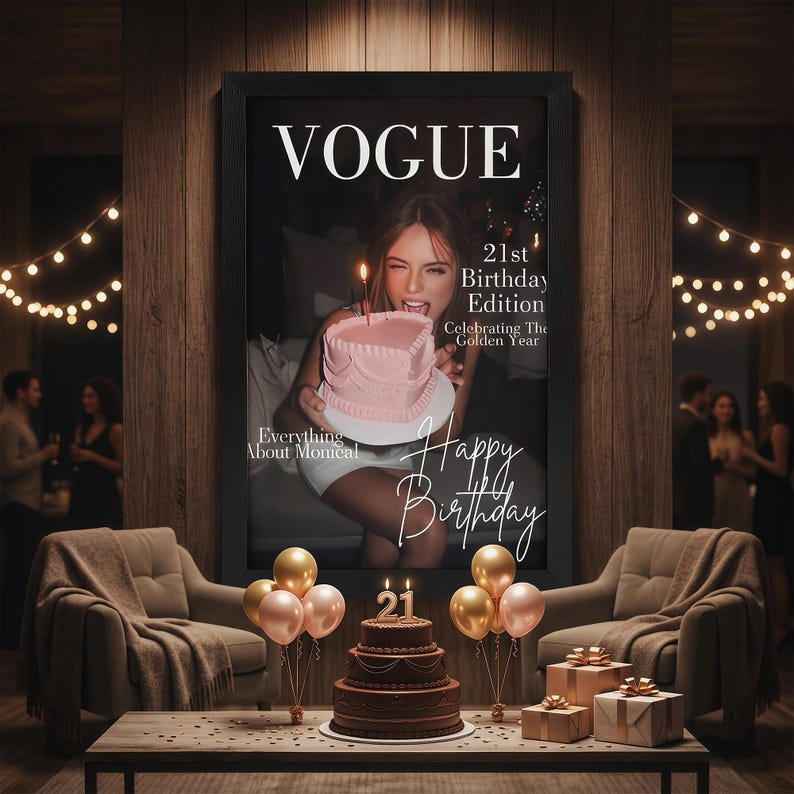 Puede incluir: Una portada enmarcada de la revista Vogue con una mujer sosteniendo un pastel rosa, celebrando un 21 cumplea&ntilde;os. Una tarta de chocolate con velas y globos est&aacute; sobre una mesa. Regalos y luces de cadena completan la escena festiva.