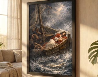 Jesus Calms the Storm Canvas Print, Biblical Sea Miracle Wall Art, Dramatic Christian Home Decor, Faith-Based Religious Statement Piece